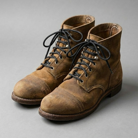 Pair of brown leather boots with black laces on a gray background Color: Black