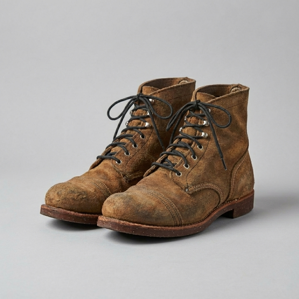 Pair of leather boots with black laces on a gray background Color: Black