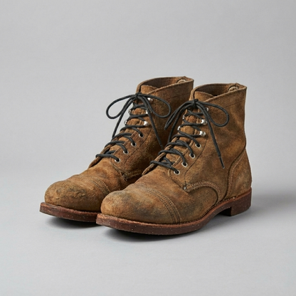 Pair of leather boots with black laces on a gray background Color: Black