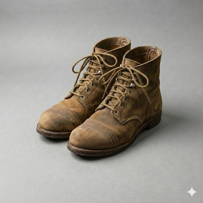 Color: Coyote Tan Pair of brown leather boots on a gray background