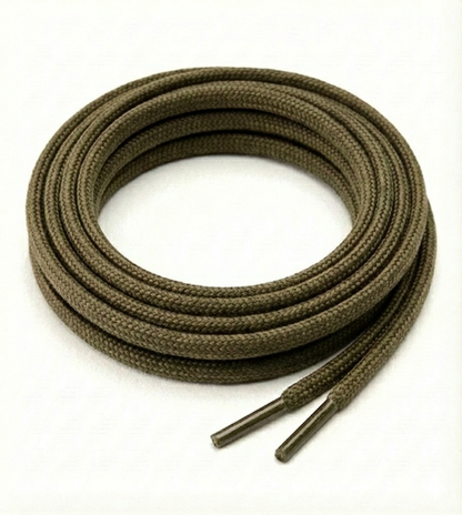 Coiled green shoelace on a white background Color: Army Green