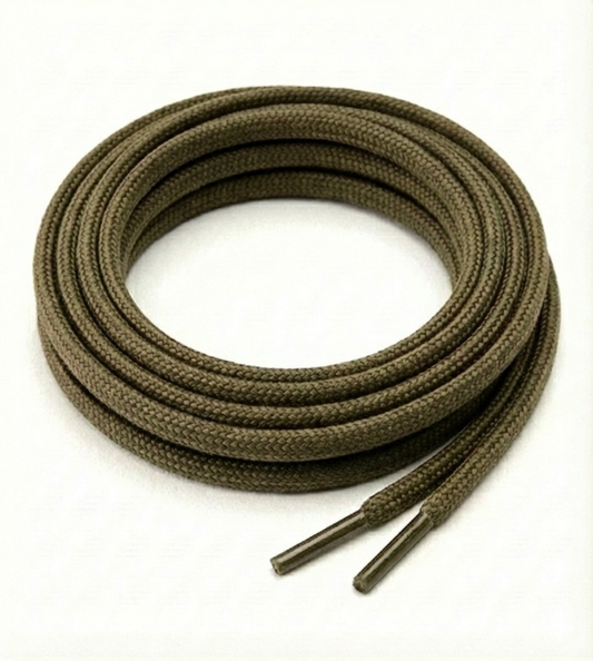 Coiled green shoelace on a white background Color: Army Green